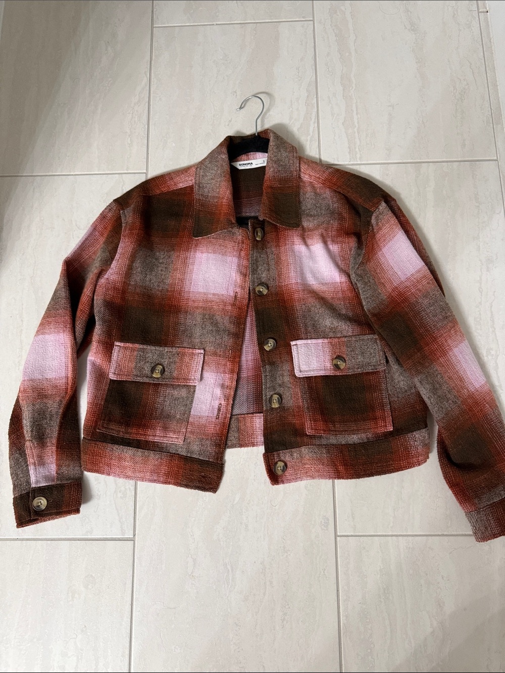 Sonoma Pink & Brown Plaid Cropped Flannel Jacket, Sz S